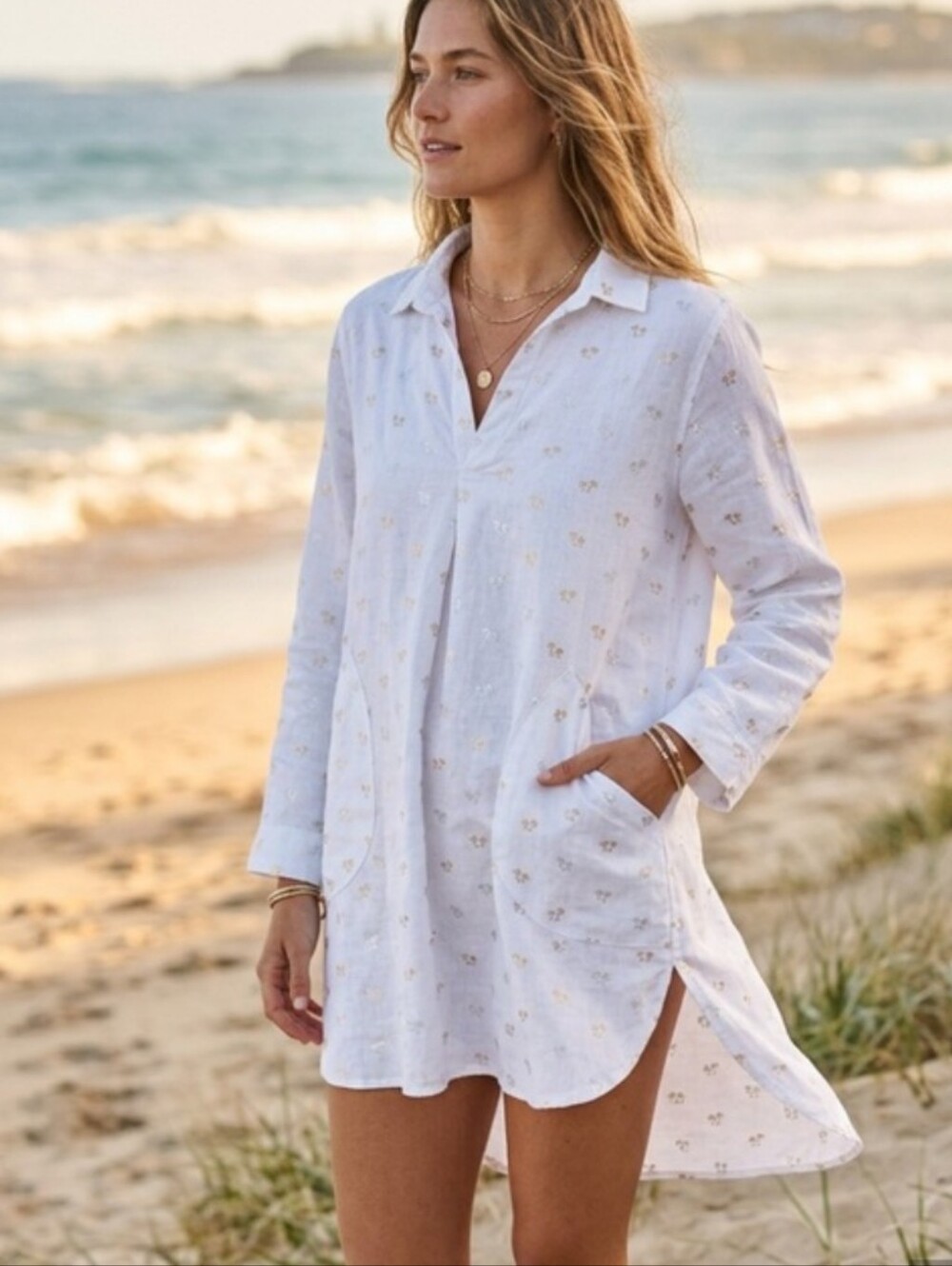 Sigrd Olsen Linen Blend Tunic Top Pockets Metallic Foil Palms Coastal Beach M